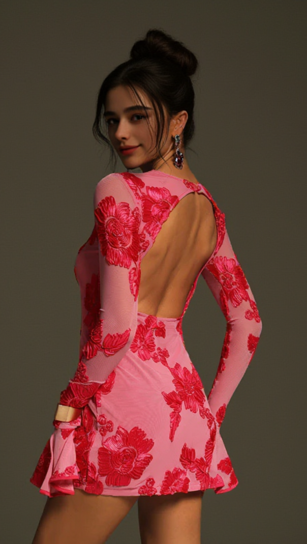 AIIZIE BECKIE LONG SLEEVE BACKLESS FLOWER MINI DRESS - product image
