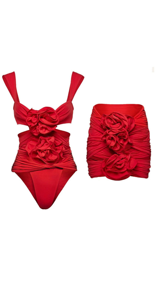 AIIZIE RED 3D FLOWER ONE PIECE SWIMSUIT AND SKIRT - product image