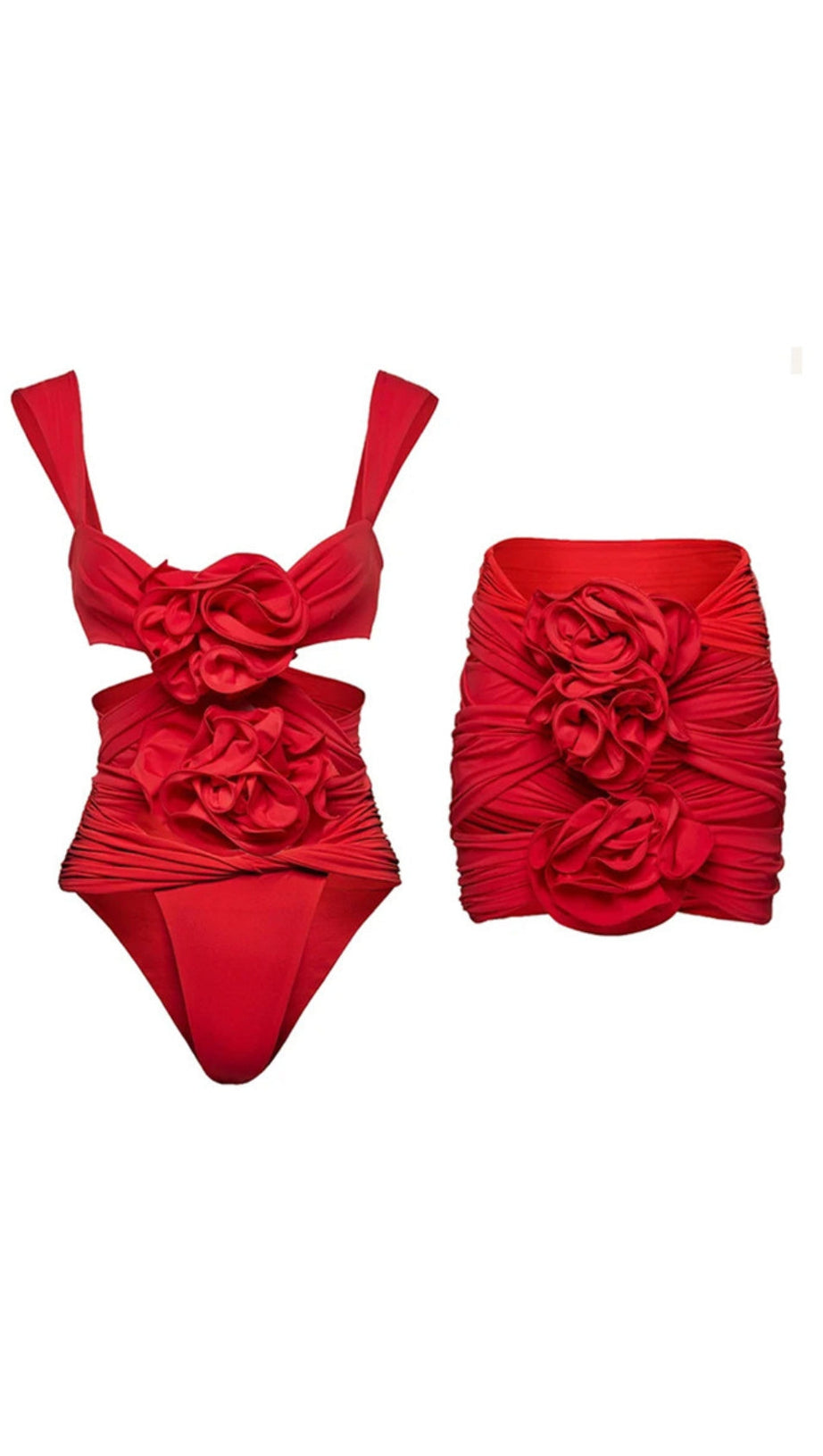 ROTER BADEANZUG UND ROCK MIT 3D-BLUMEN