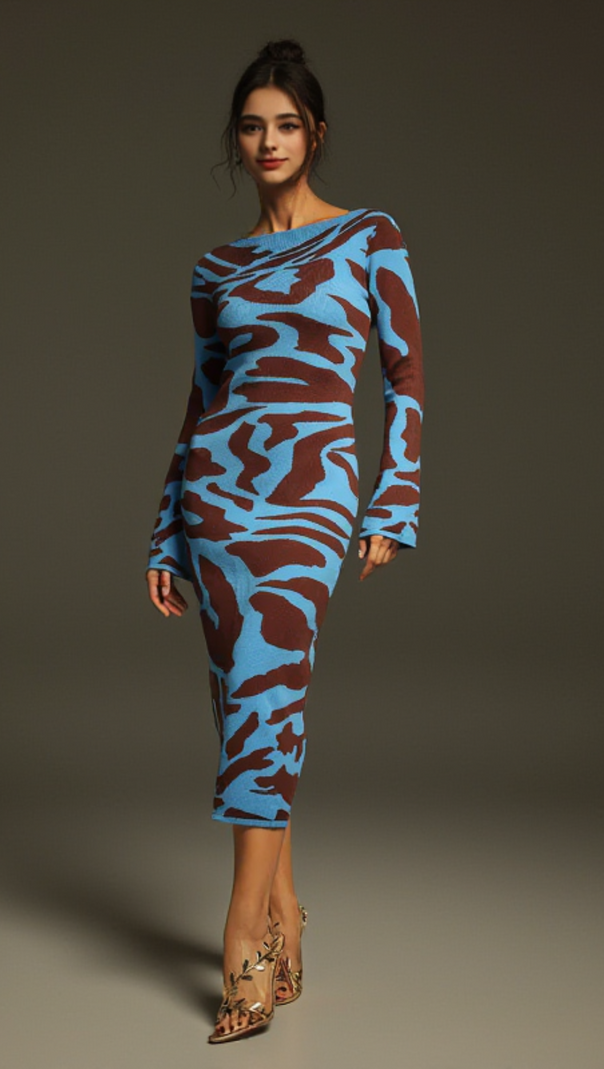 AIIZIE TAYSIA LONG SLEEVE LEOPARD KNITTED MIDI DRESS - product image