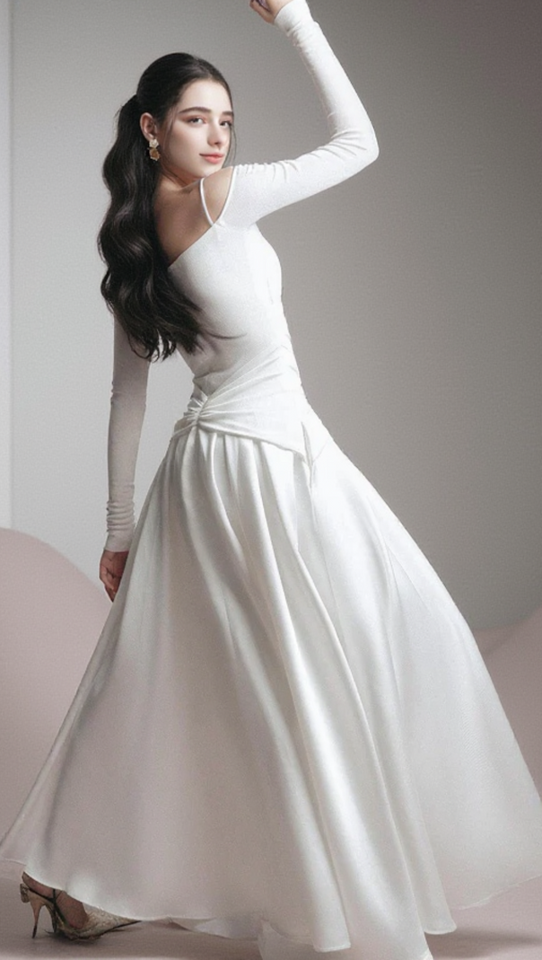 AIIZIE WHITE A-LINE COLD SHOULDER SLEEVED SPANDEX TAFFETA MAXI DRESS - product image