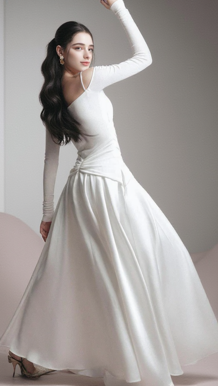 WHITE A-LINE COLD SHOULDER SLEEVED SPANDEX TAFFETA MAXI DRESS