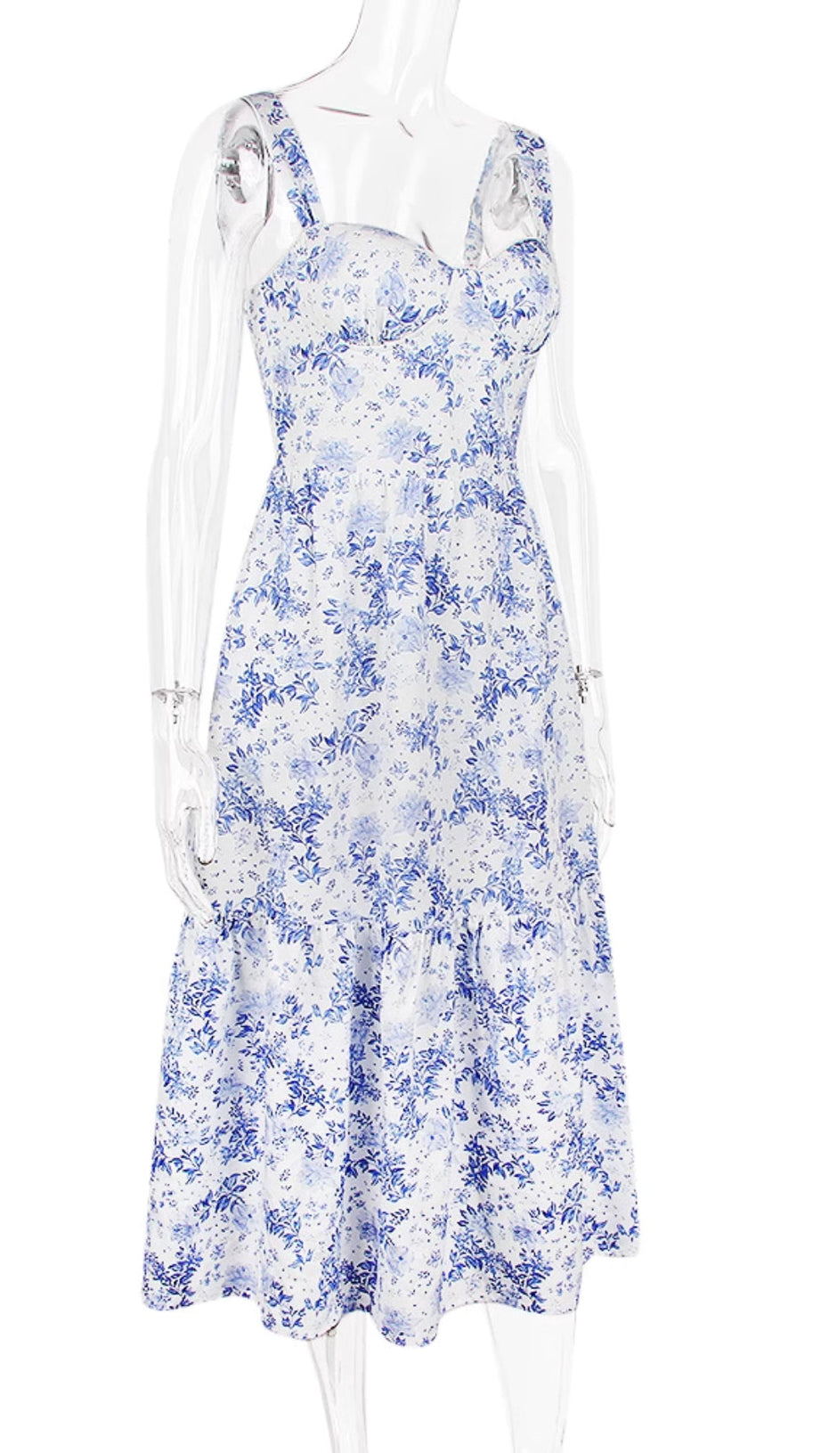 MIDIKLEID MIT BLUMENDRUCK IN BLAU 