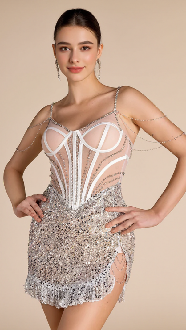 AIIZIE SMOT SHOULDER CHAIN RHINESTONE SEQUIN DRESS - product image