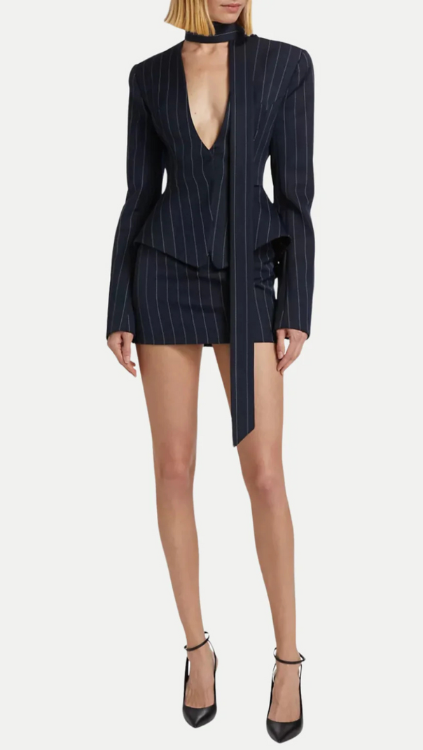 AIIZIE HIBYL PINSTRIPE SCARF BLAZER IN BLACK - product image