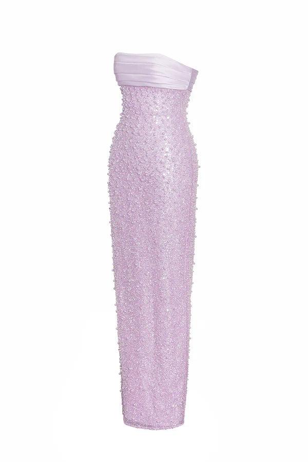 AIIZIE PINK SATIN SEQUIN PEARLS BEADED MAXI DRESS - product image