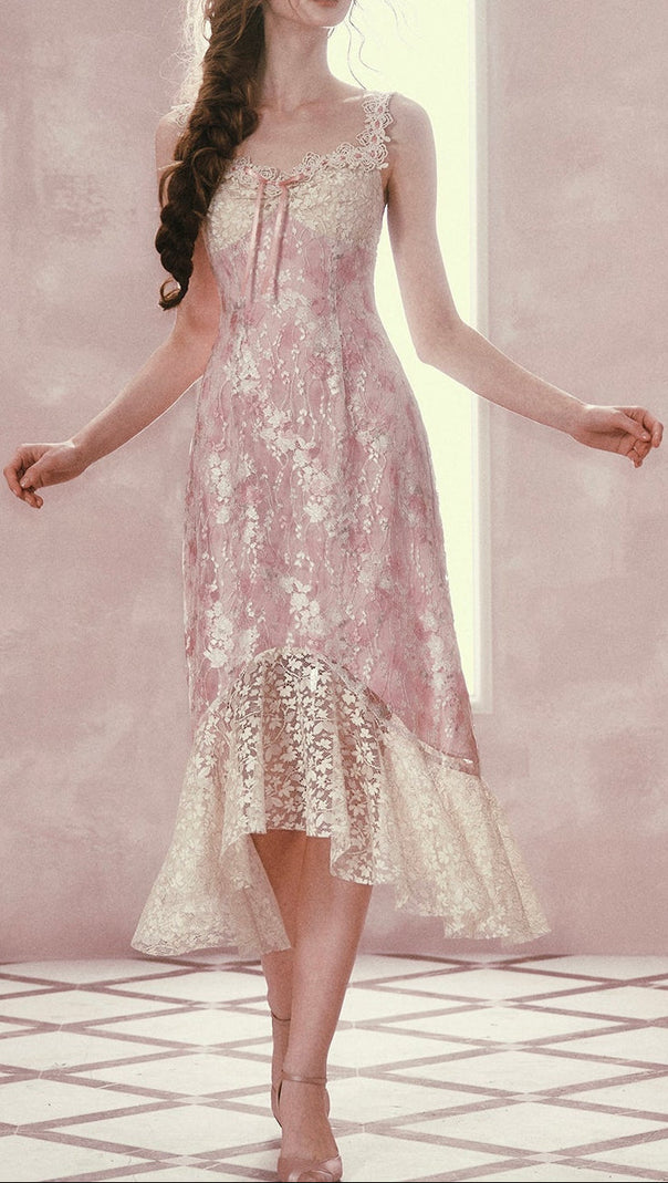 mandy Floral lace embroidery midi dress - pink