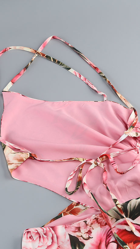 Rosa bedrucktes Midikleid mit offenem Rückenschlitz und ausgehöhlter Vorderseite