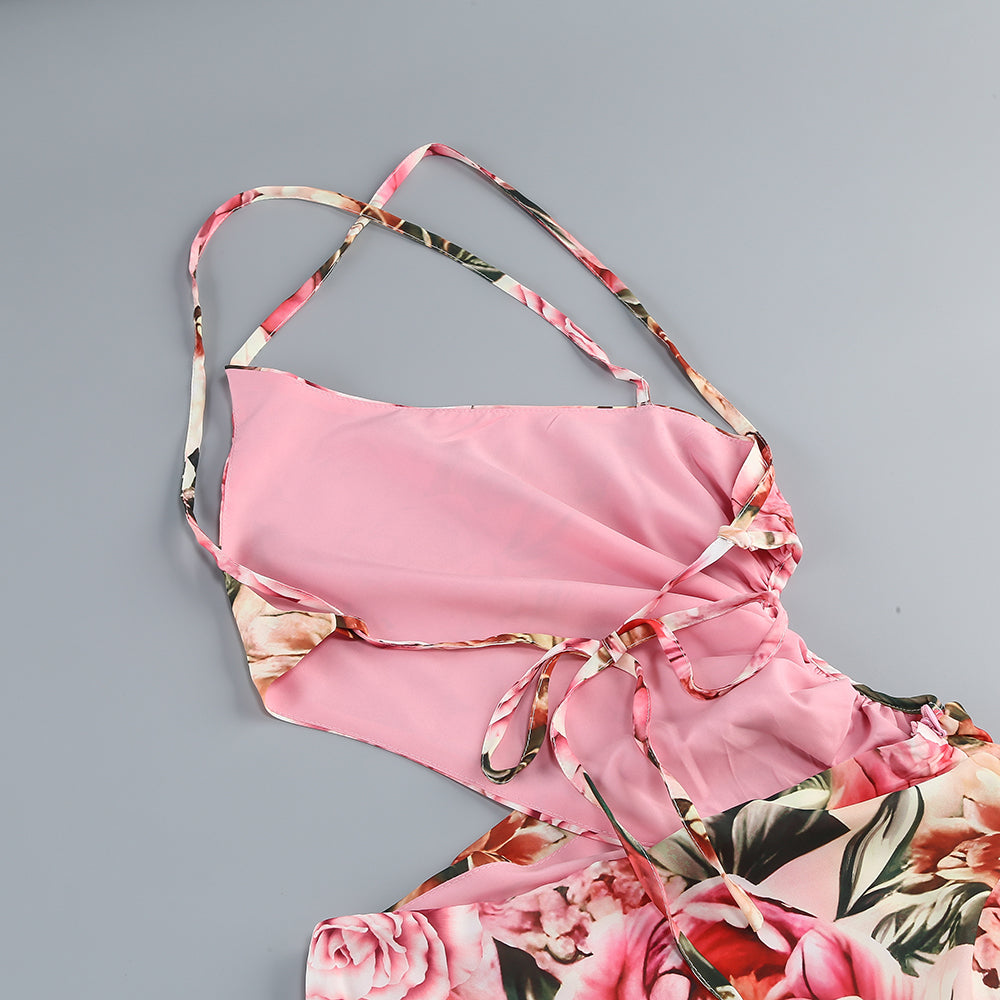Rosa bedrucktes Midikleid mit offenem Rückenschlitz und ausgehöhlter Vorderseite