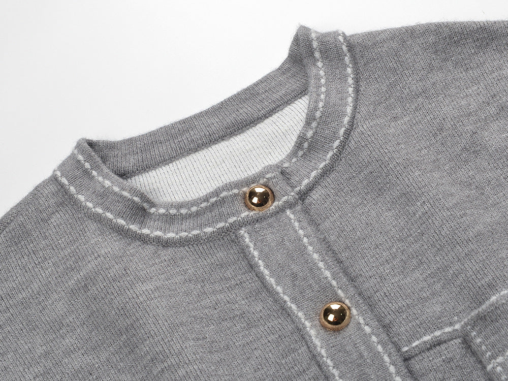 Elegant Grey Contrast Stitch Crewneck Cardigan for Women