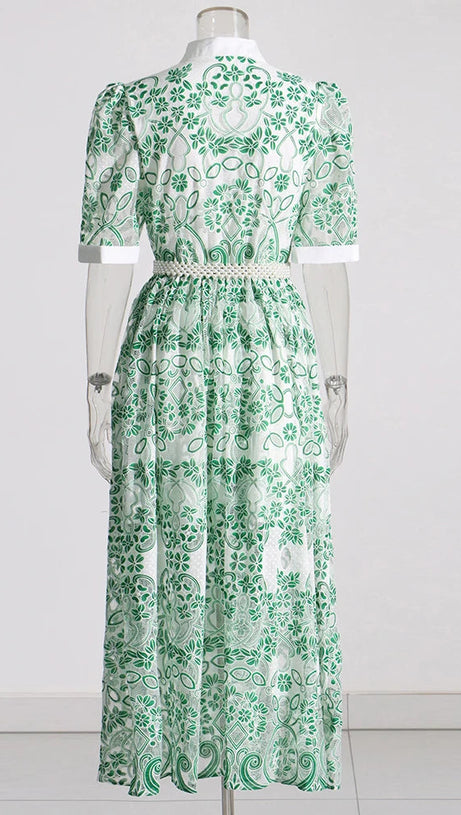 V NECK SPLICED BELTS EMBROIDERY MIDI DRESS IN GREEN