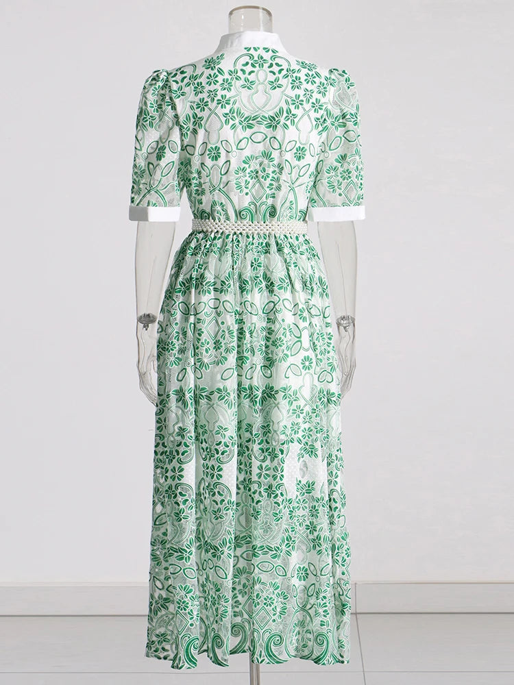 AIIZIE V NECK SPLICED BELTS EMBROIDERY MIDI DRESS IN GREEN - product image