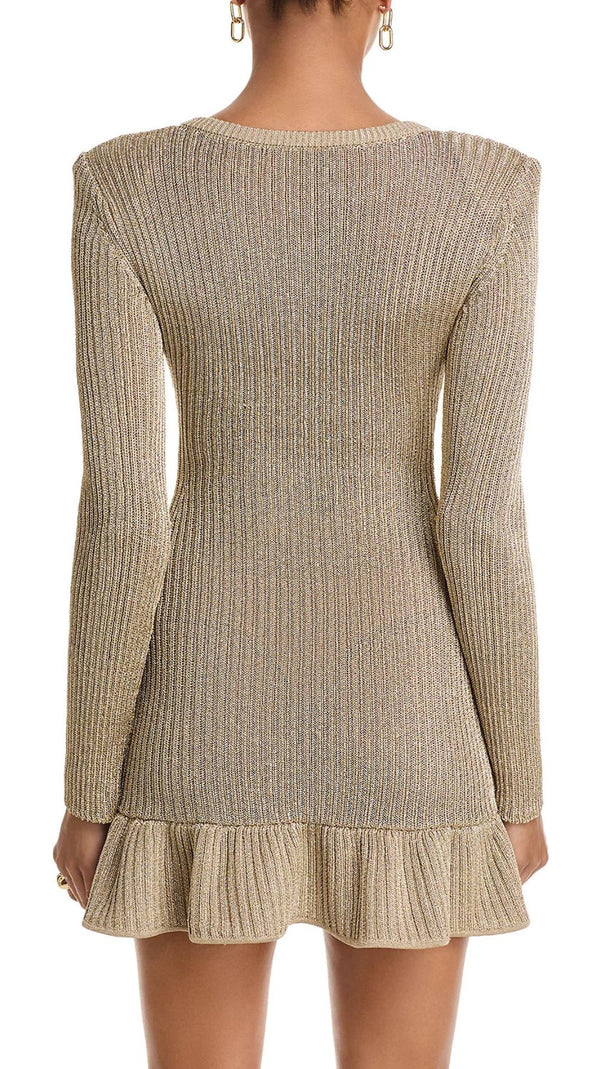 AIIZIE Shimmering Metallic Knit Mini Dress | V-Neck, Pockets & Ruffle Hem - product image