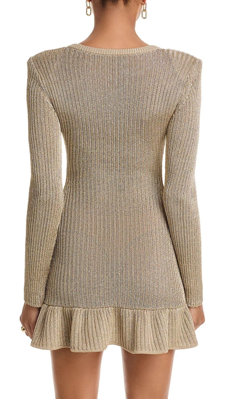 Shimmering Metallic Knit Mini Dress | V-Neck, Pockets & Ruffle Hem
