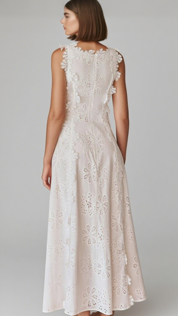 AIIZIE LACE TRIM EMBROIDERY HOLLOW MIDI DRESS IN WHITE - product image
