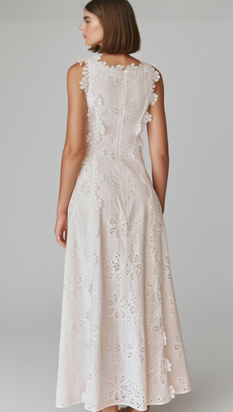 LACE TRIM EMBROIDERY HOLLOW MIDI DRESS IN WHITE