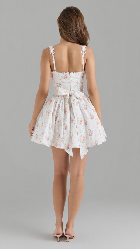 ROSE PRINT STRETCH COTTON LACE STRAP MINI DRESS