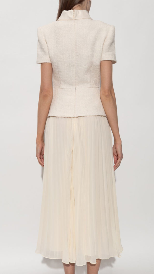 AIIZIE Elegant Cream Embellished Tweed-Style & Pleated Midi Dress - product image