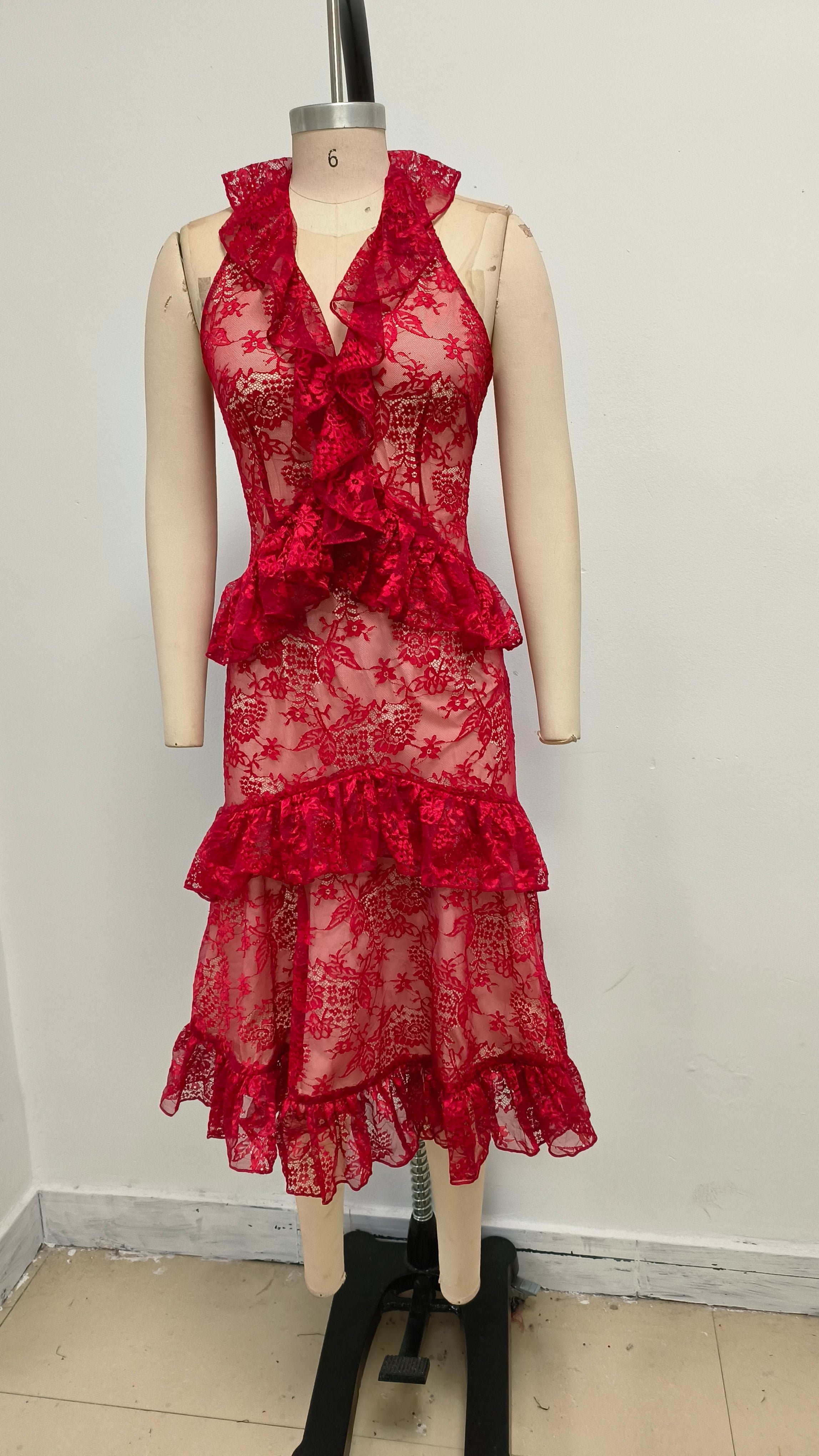 BACKLESS LACE RUFFLED HALTER NECK RED MIDI DRESS