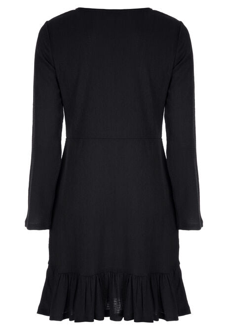 KNITTED SHEER FLARED MINI DRESS IN BLACK