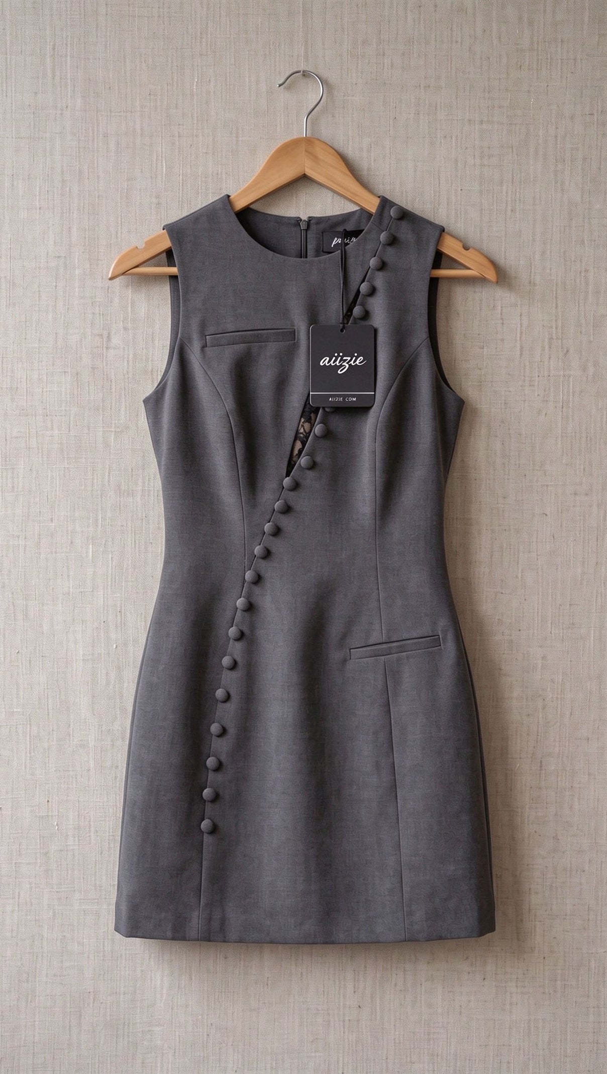 Charcoal Grey Structured Wool-Blend Suiting Sheath Mini Dress
