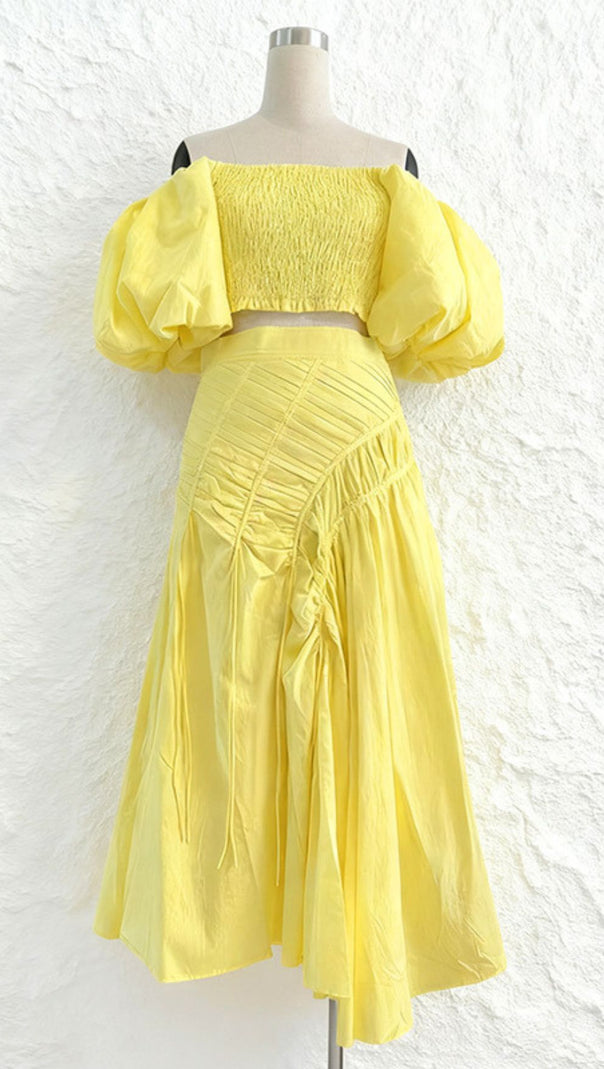 AIIZIE Vibrant Lime Green Puff Sleeve Crop Top & Ruched Maxi Skirt Set | Ivo Two-Piece - product image