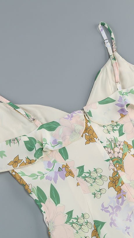 ASYMMETRICAL RUFFLED FLORAL DRAPED MAXI DRESS IN BEIGE