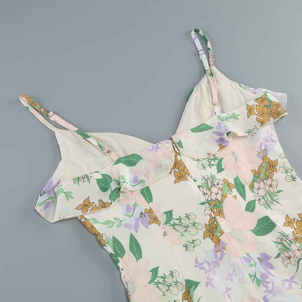 Asymmetrisches Maxikleid mit Rüschen und Blumenmuster in Beige