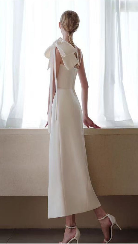 Estelle White Off Shoulder Satin Midi Dress with Bow