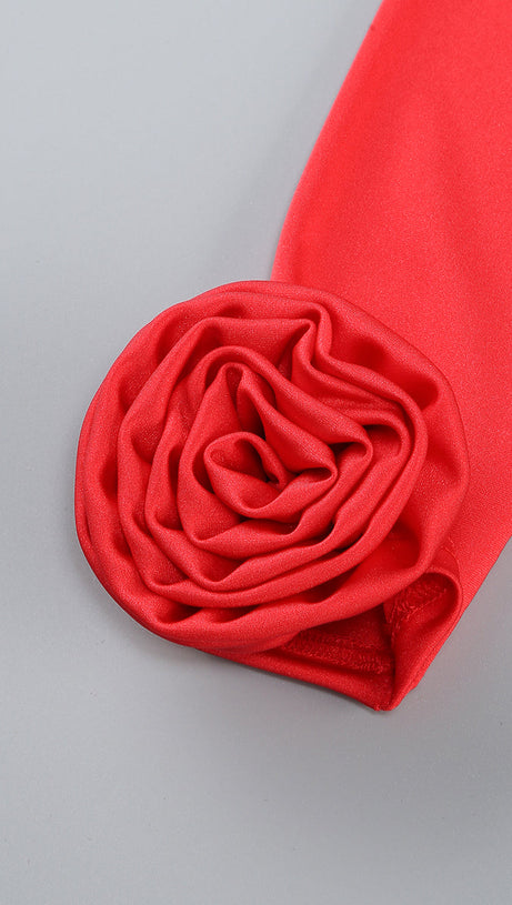 OFF-SHOULDER FLOWER EMBELLISHED GATHERED MAXI DRESS IN RED