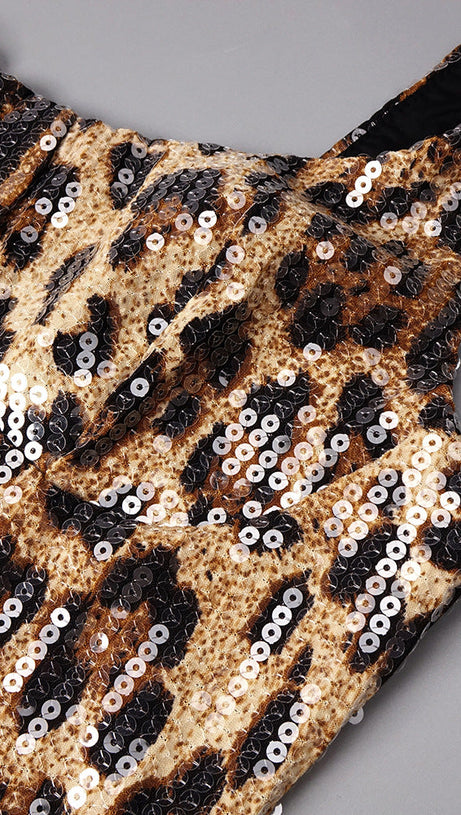 Jarrell Dazzling Leopard Sequin Maxi Gown with Dramatic Cape