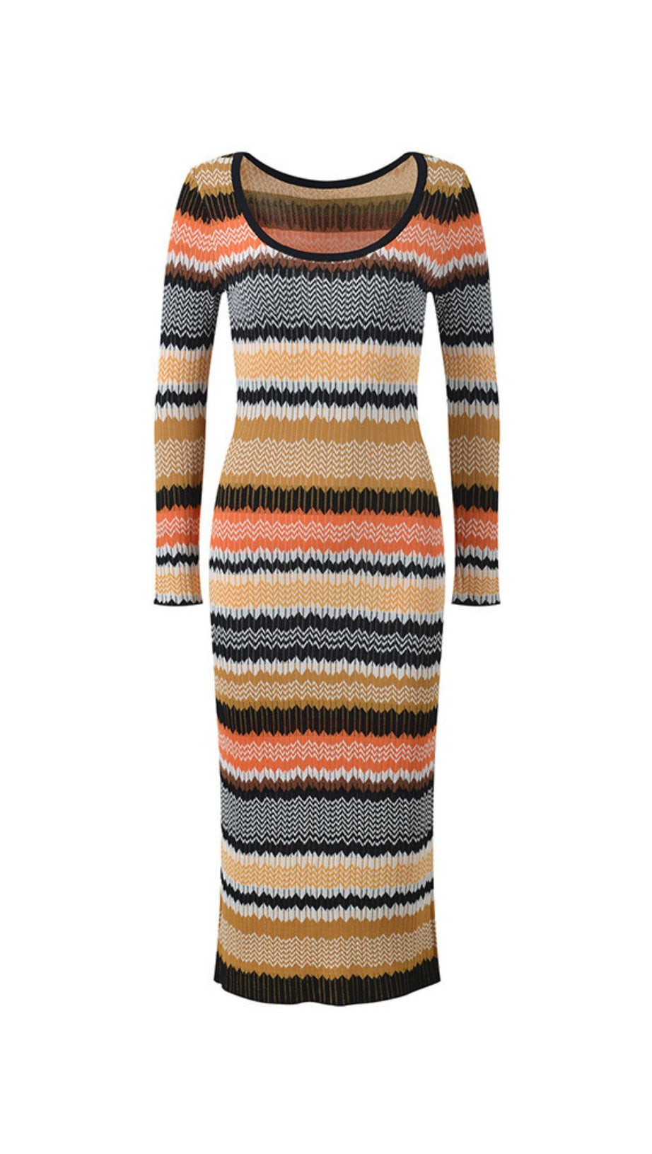 Juliette Boho Chic Wavy Striped Knit Midi Dress | Long Sleeve