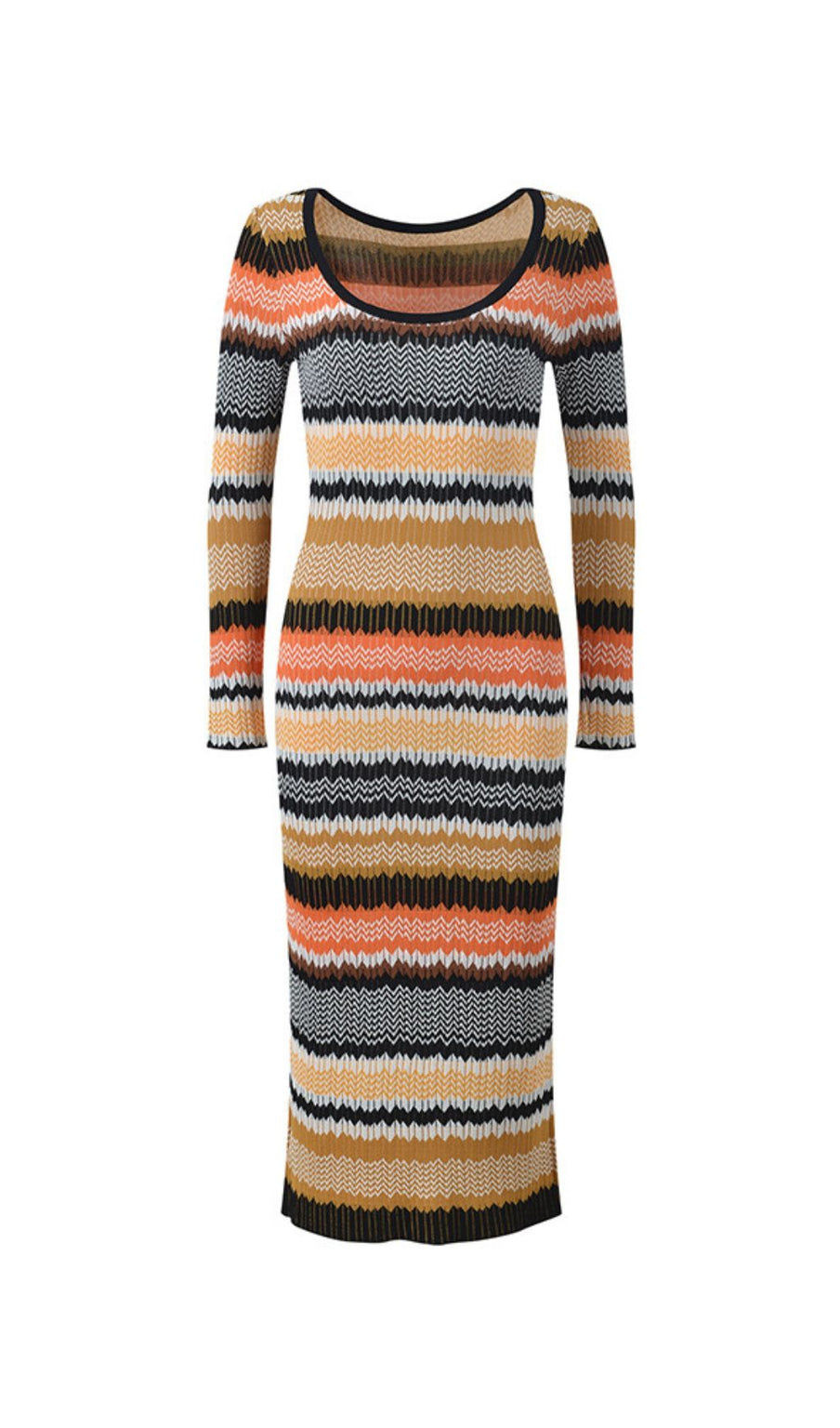 Juliette Boho Chic Wavy Striped Knit Midi Dress | Long Sleeve