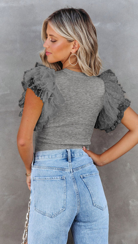 BLACK DOTTY MESH RUFFLE SLEEVE RIBBED KNIT TOP