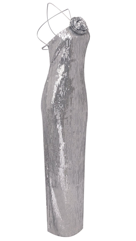 WINIFRED FLORAL-APPLIQUÉ SEQUIN MAXI DRESS SILVER