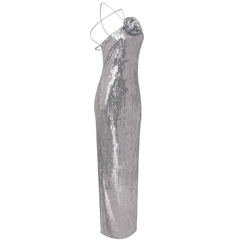 AIIZIE WINIFRED FLORAL-APPLIQUÉ SEQUIN MAXI DRESS SILVER - product image