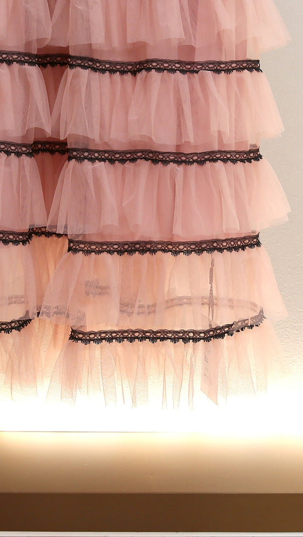 AIIZIE HUMITA ENCHANTING BLACK LACE & BLUSH TIERED TULLE MAXI DRESS - product image