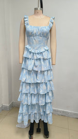 Light blue suspender cake maxi dress