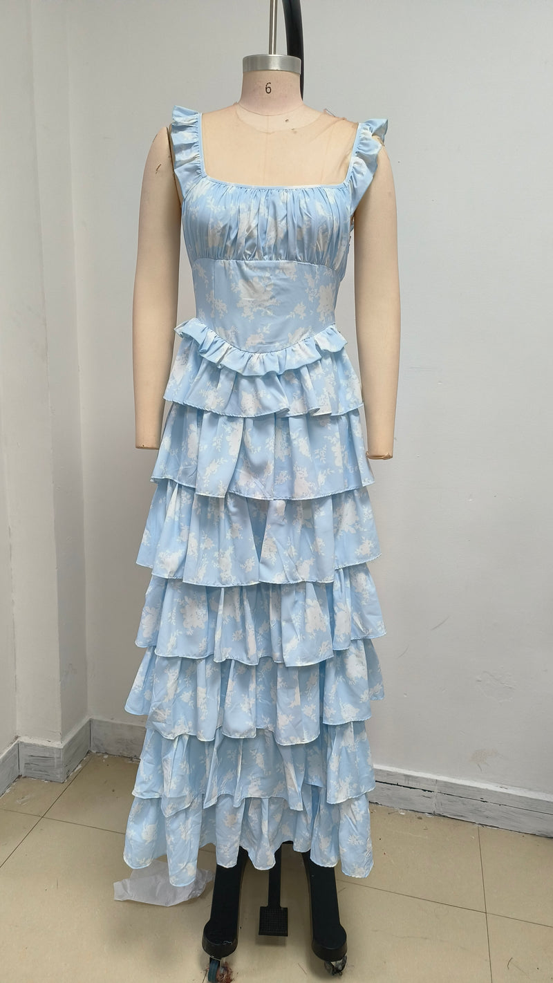 Light blue suspender cake maxi dress
