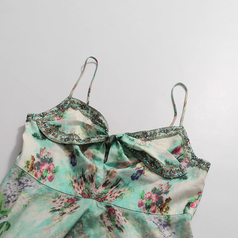 Juda Bohemian Print Flowy Maxi Dress - Strappy Green Elegance