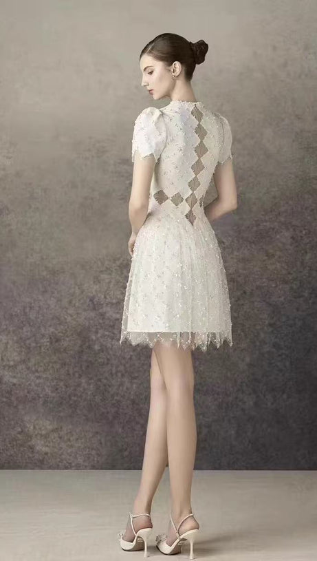 Henrietta Ivory Sequin Mini Dress with Mesh Panels