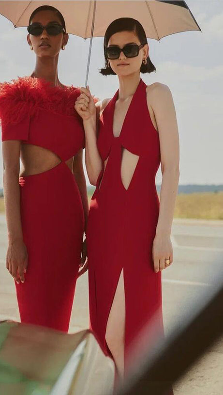 OFF-SHOULDER FEATHER PANEL RED DRESS