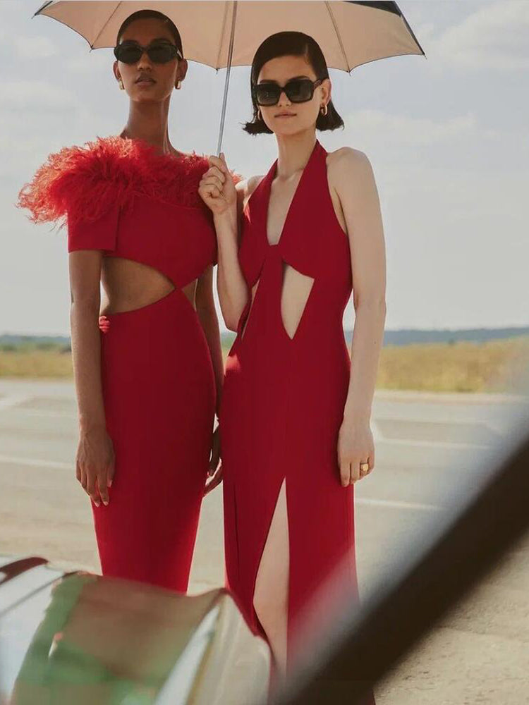 OFF-SHOULDER FEATHER PANEL RED DRESS