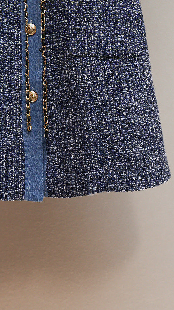 CHIC TWEED & DENIM MINI DRESS WITH GOLD CHAIN ACCENTS | HATSUYE