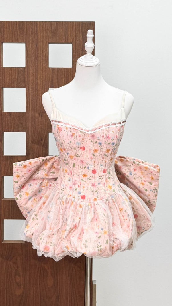 AIIZIE Jaylene Whimsical Floral Corset Mini Dress with Bow Back Detail - product image