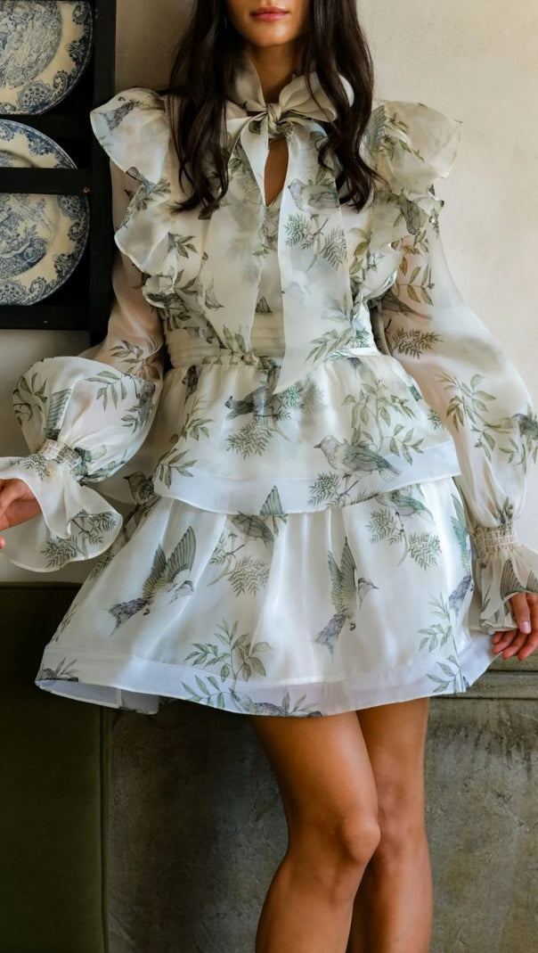 Jorgie Whimsical Bird Print Tiered Long Sleeve Mini Dress