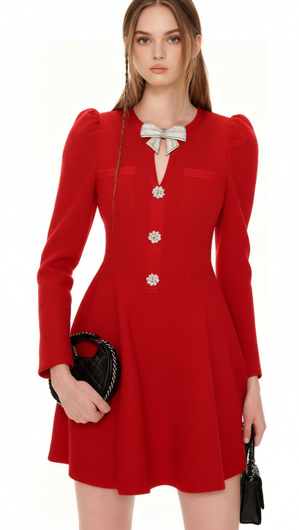 AIIZIE TURN HEADS IN RED: ITALIA BOW-ACCENT LONG SLEEVE MINI DRESS - product image