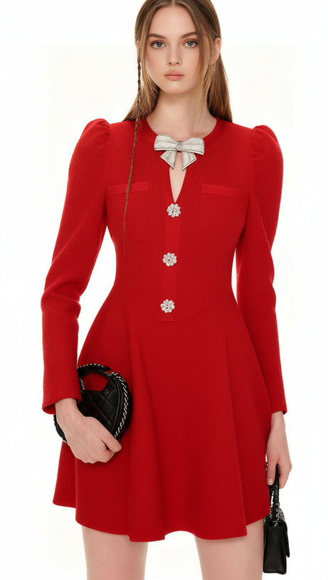 TURN HEADS IN RED: ITALIA BOW-ACCENT LONG SLEEVE MINI DRESS