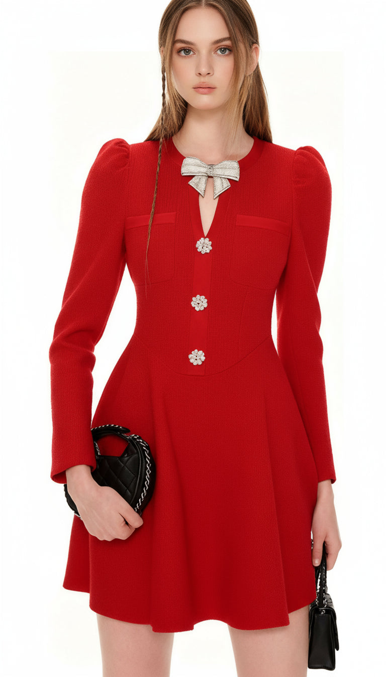 TURN HEADS IN RED: ITALIA BOW-ACCENT LONG SLEEVE MINI DRESS