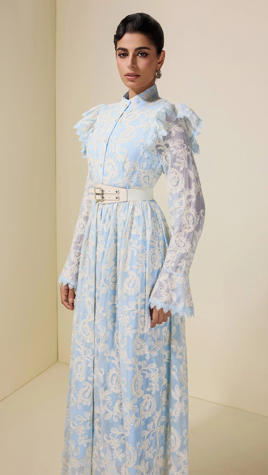 alma Chiffon Embroidered Single Breasted Midi Dress With Belt - blue